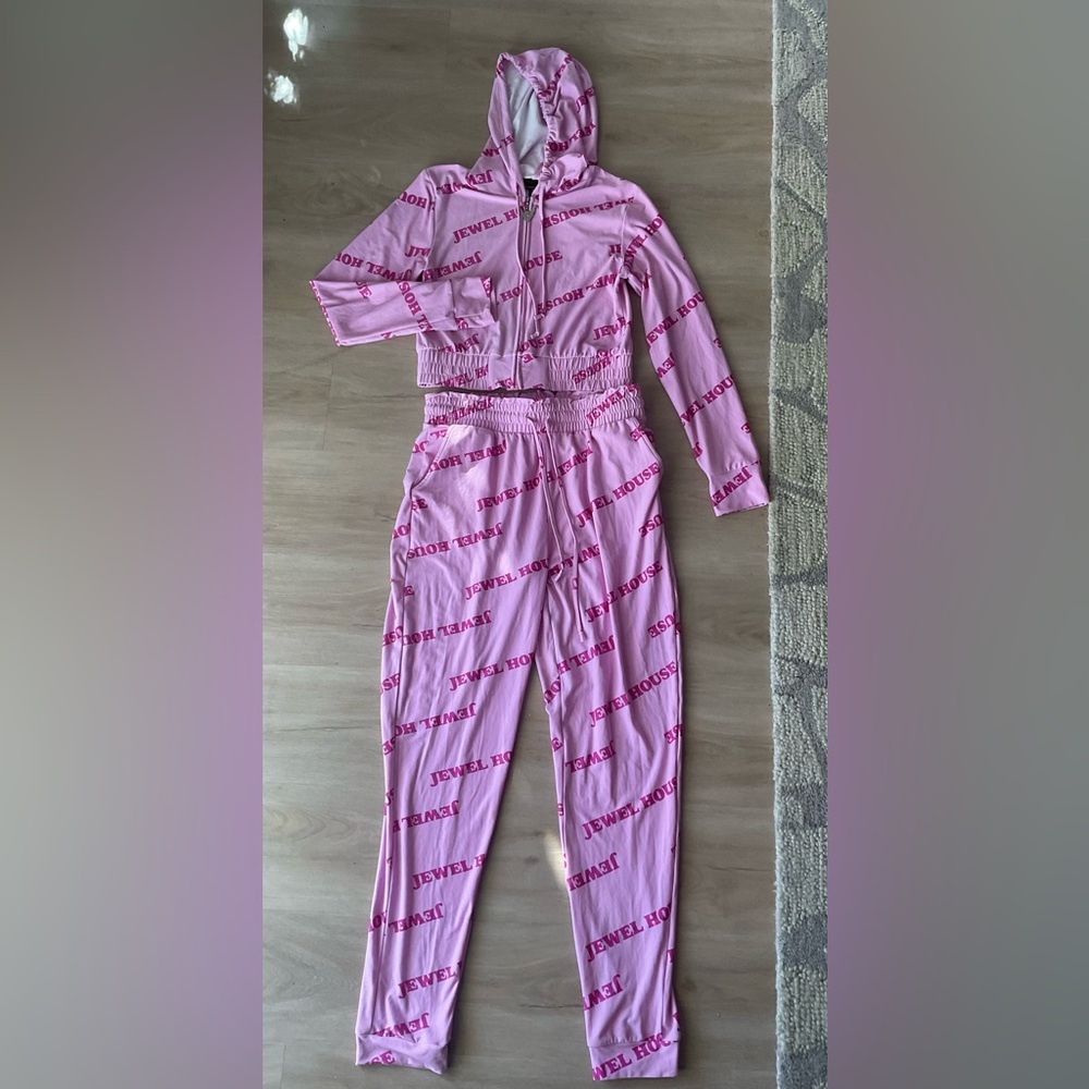 Jewel House Denim Company Pink Y2K Tracksuit Set Hoodie Pants Size L